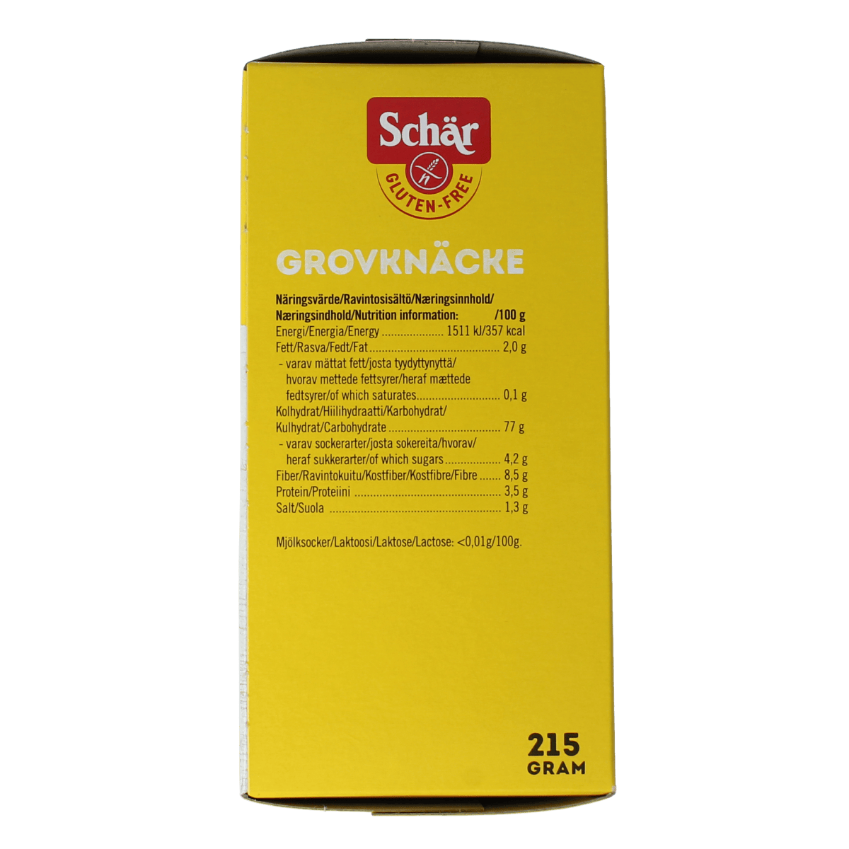 Schar Knackebrod vezelrijk glutenvrij cracker 215g, crispy whole grain gluten-free bread alternative with high fiber content.