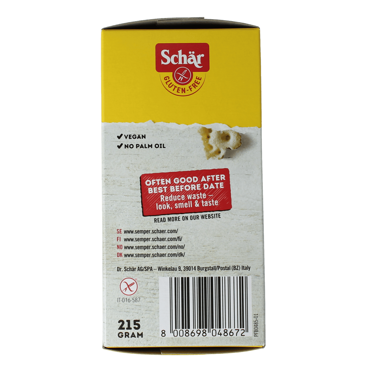 Schar Knackebrod vezelrijk glutenvrije crackers in 215g package, showing crisp, rectangular gluten-free crispbread slices.