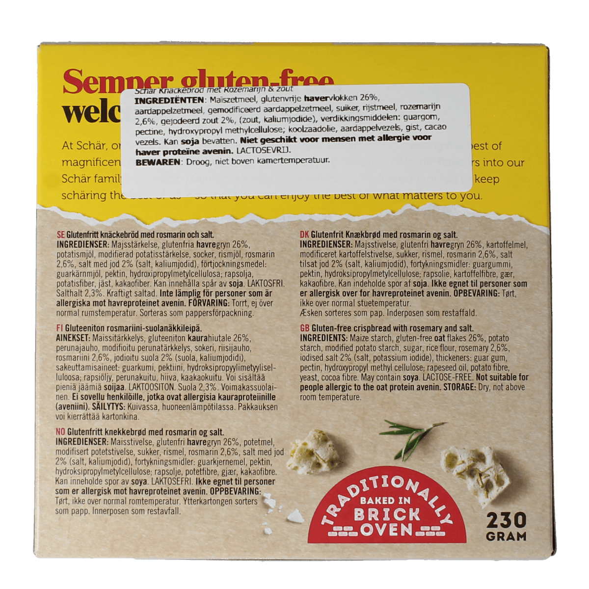 Schar Knackebrod rozemarijn zout glutenvrij crackers in 230g package, crispy rye crispbread with rosemary and salt flavor.