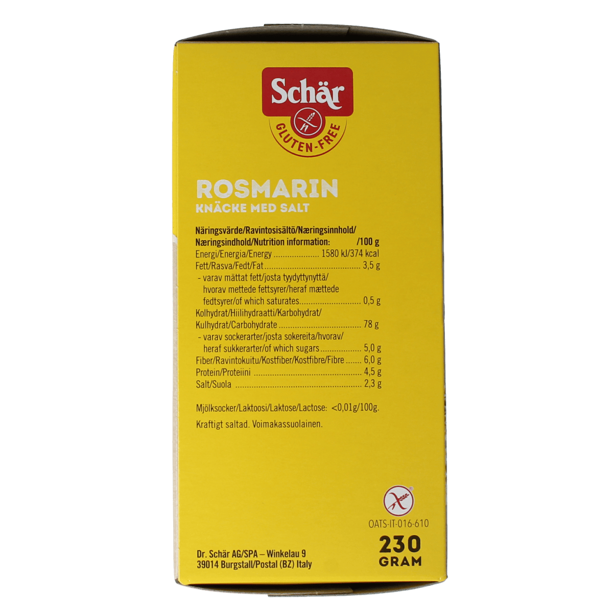 Gluten-free Schar Knackebrod crackers with rosemary and salt, 230 grams, crispy rye bread and crackers for snacking or toppings.