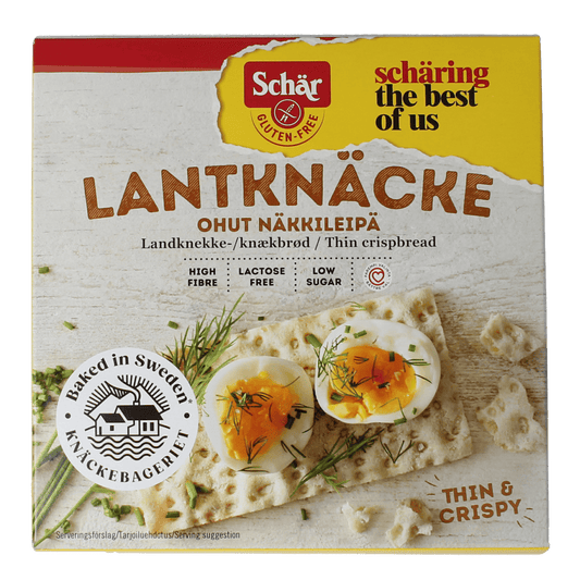 Schar gluten-free Knackerbrod dun vezelrijk cracker bread in 230g package, crispy and fiber-rich gluten-free crispbread.