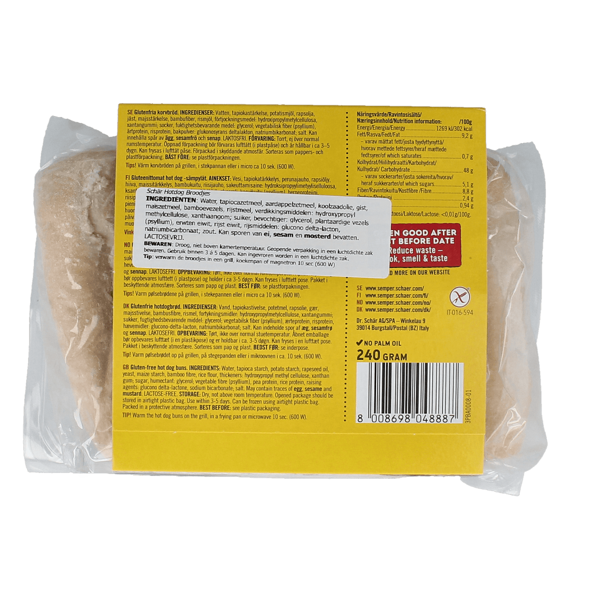 Gluten-free Schar hotdog buns in a pack of 240 grams, fresh and soft, ideal for making hotdogs or sandwiches.