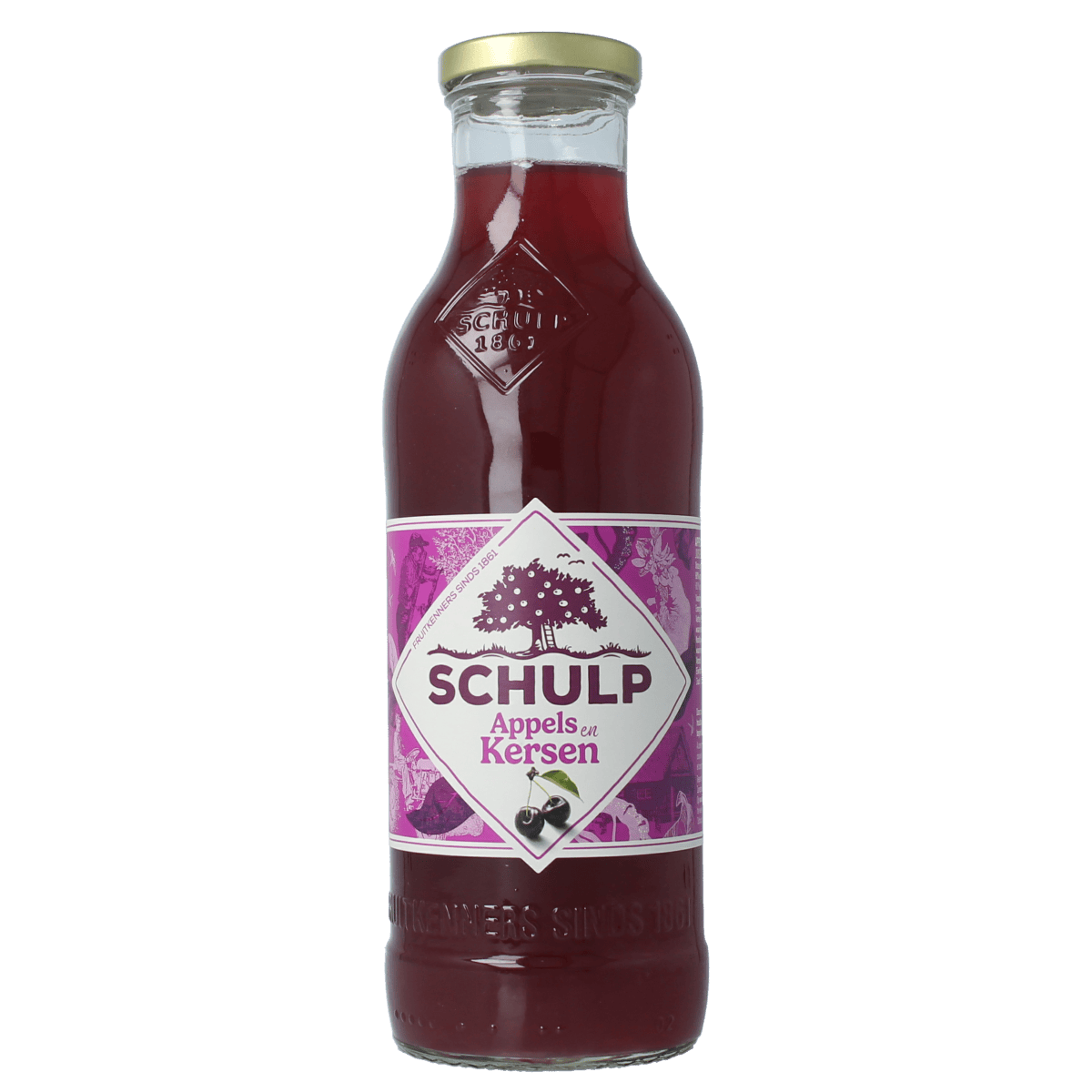 Schulp Appel & Kersensap in 750ml bottle, fruit juice with apple and cherry flavors, in clear glass bottle.