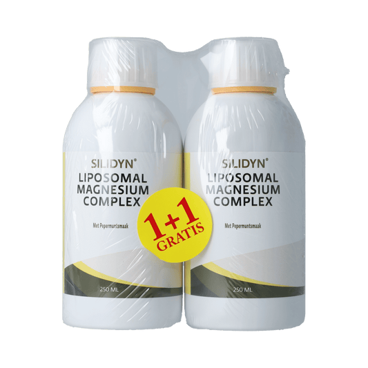 Bottle of Silidyn Liposomal Magnesium Complex mineral supplement, 250ml, with 500ml promotional offer, shown with label and cap.