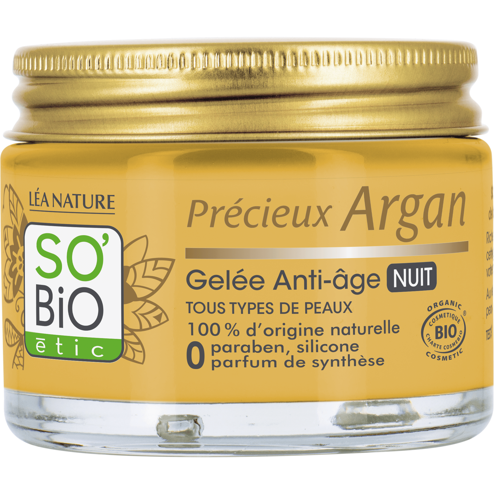So Bio Etic Argan anti-aging night gel in 40ml jar, facial skincare product with natural ingredients for youthful skin.