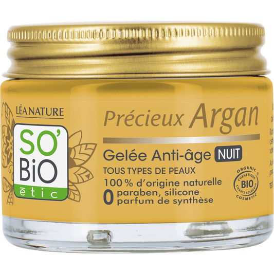 So Bio Etic Argan anti-aging night gel in 40ml jar, facial skincare product with natural ingredients for youthful skin.