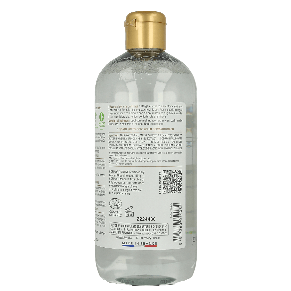 So Bio Etic Argan anti-aging micellar water in a 500ml bottle, suitable for facial skincare, with gentle cleansing and anti-aging benefits.