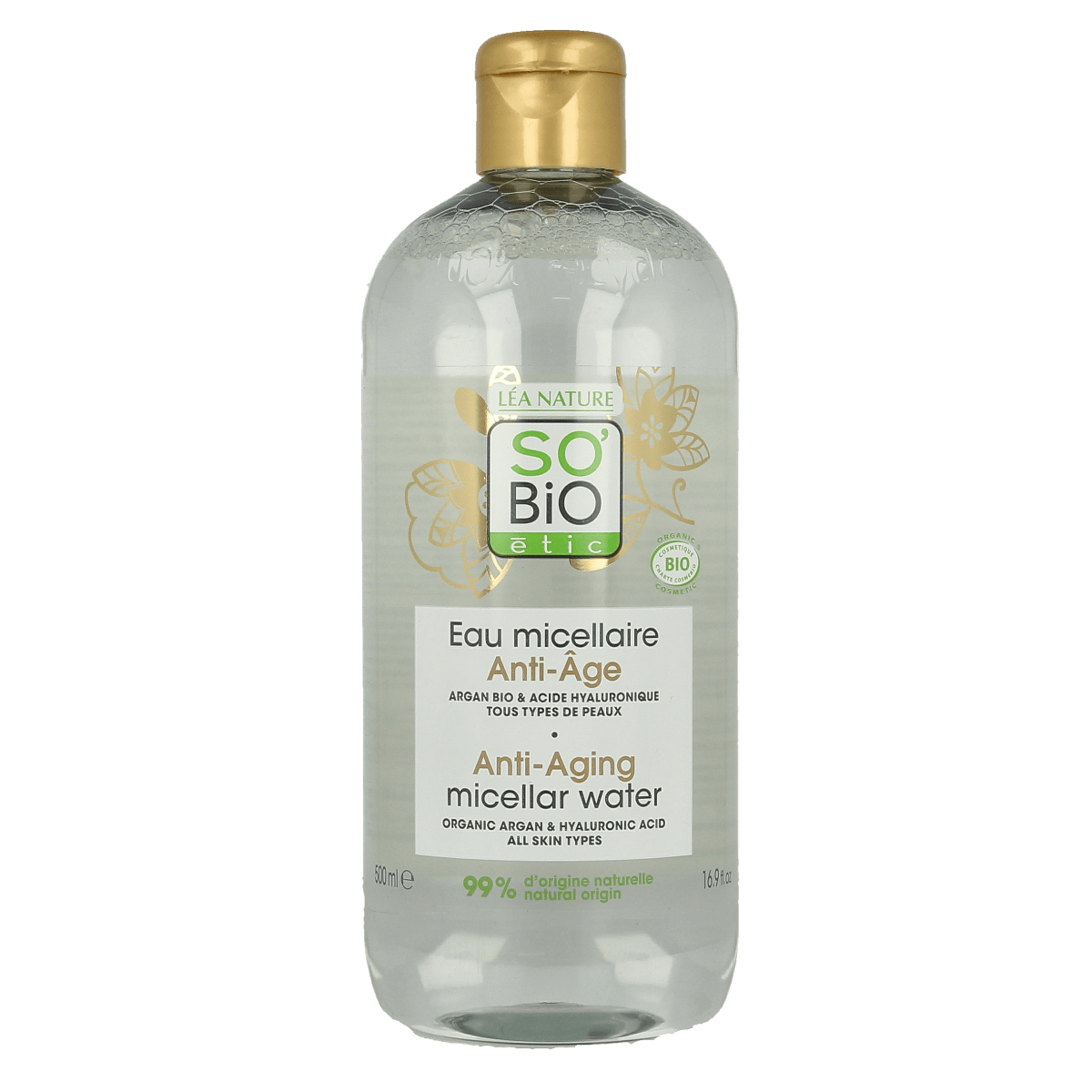 So Bio Etic Argan anti-aging micellar water for face, 500ml, with gentle cleansing and nourishing properties.