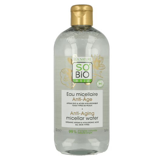 So Bio Etic Argan anti-aging micellar water for face, 500ml, with gentle cleansing and nourishing properties.