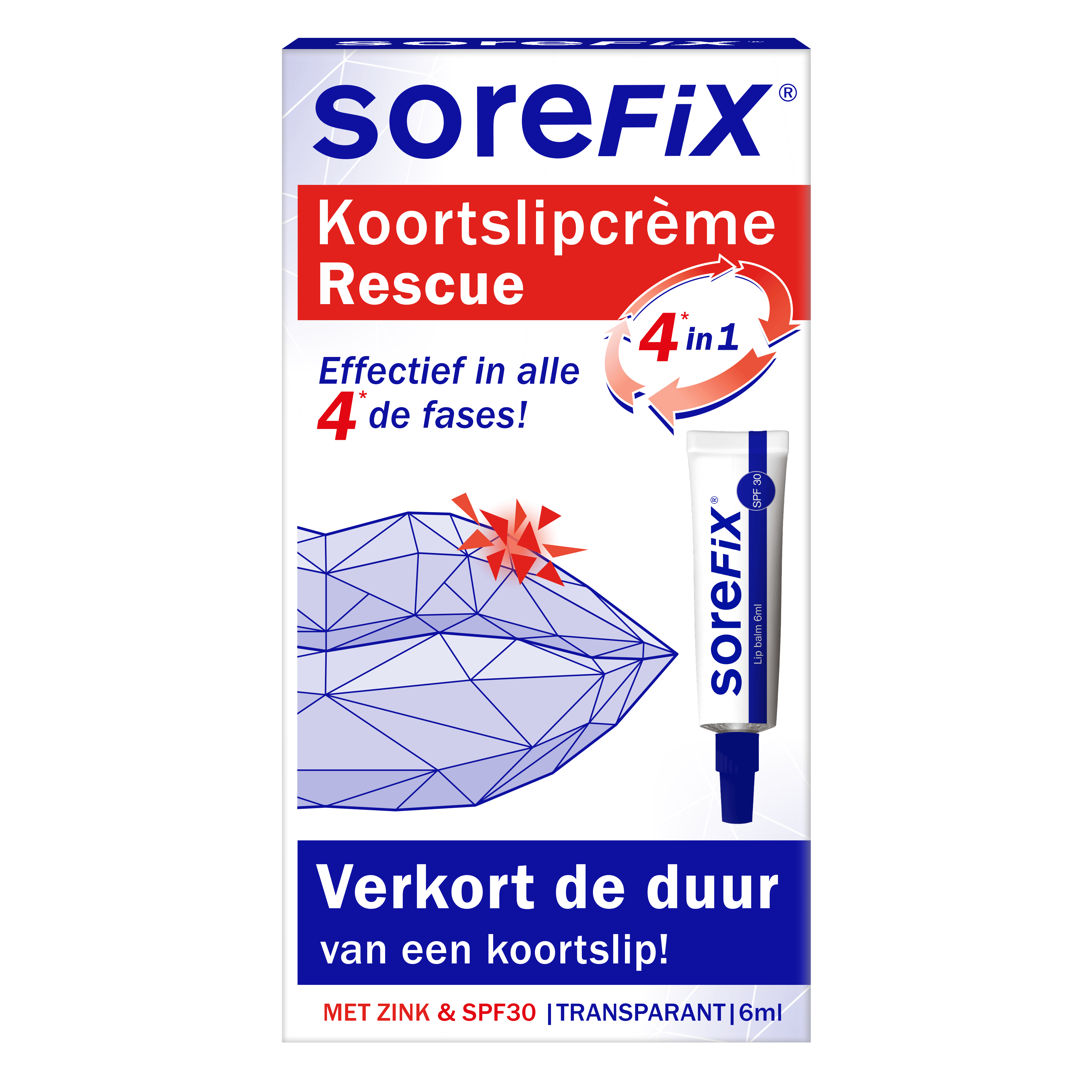 SoreFix Rescue lip care cream in 6ml tube, soothing lip balm for cold sores, with natural ingredients and gentle formula.