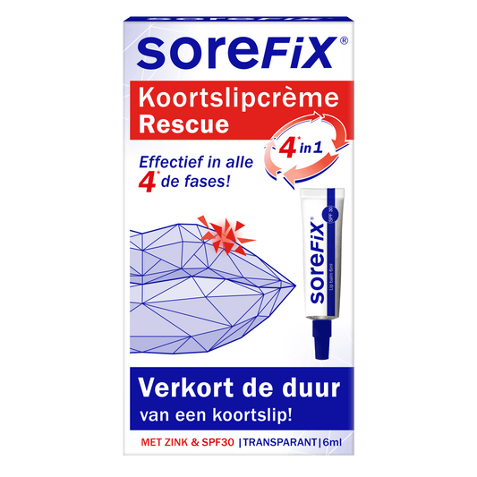 SoreFix Rescue lip care cream in 6ml tube, soothing lip balm for cold sores, with natural ingredients and gentle formula.