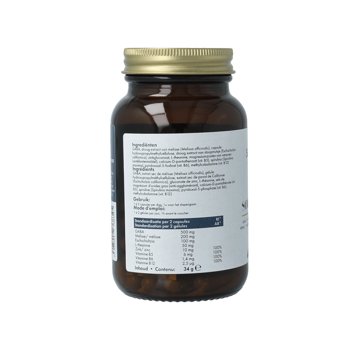 SoriaBel Somnizen Plus Theanine herbal supplement capsules in a bottle, herbal remedy for relaxation and sleep support.