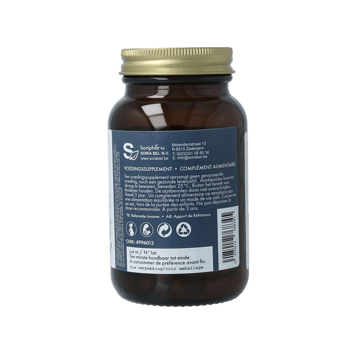 SoriaBel Somnizen Plus Theanine herbal supplement capsules, 60-count, in a clear bottle with label, for relaxation and sleep support.