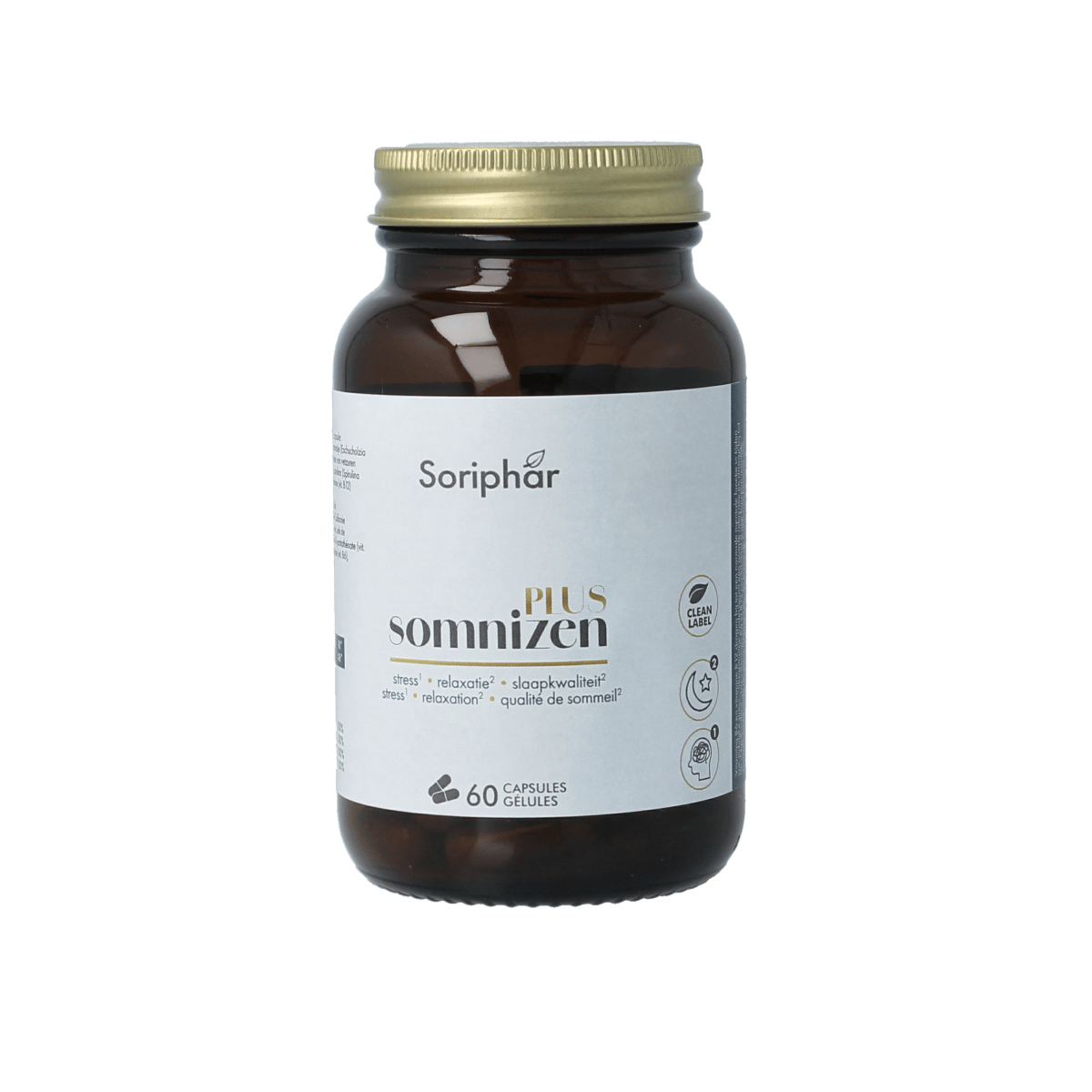 SoriaBel Somnizen Plus Theanine herbal supplement capsules in a bottle, natural remedy for relaxation and sleep support.