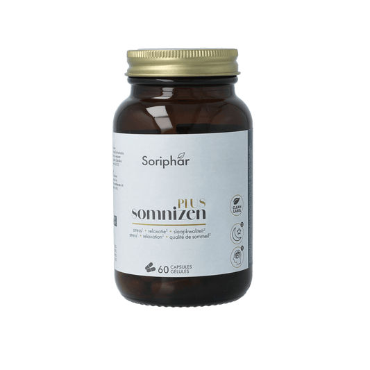 SoriaBel Somnizen Plus Theanine herbal supplement capsules in a bottle, natural remedy for relaxation and sleep support.