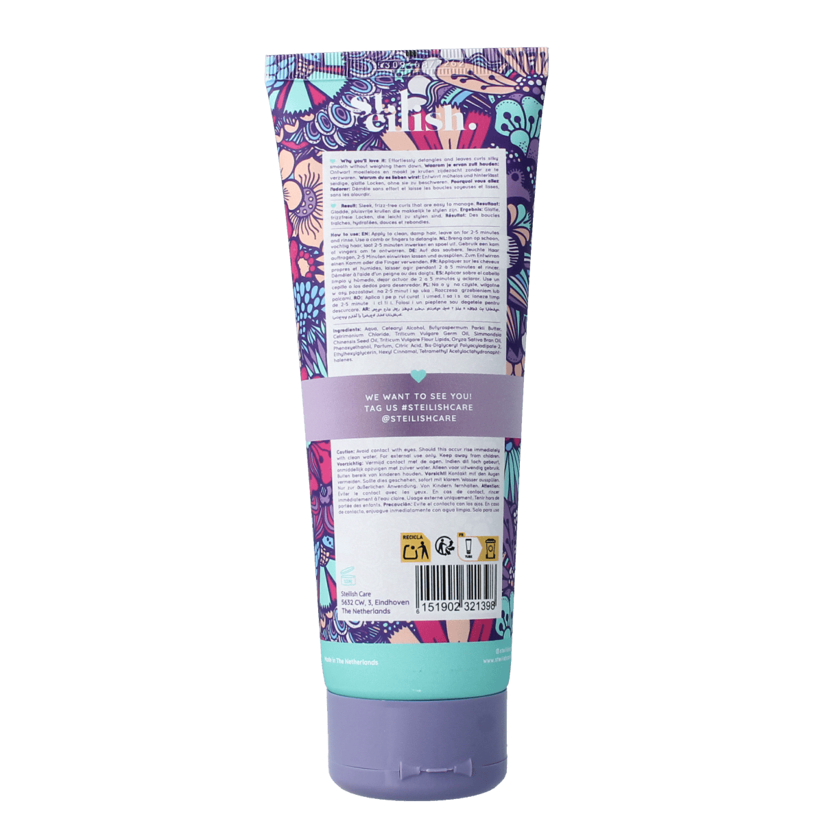 Steilish Conditioner smooth and detangle bottle, 250ml, for hair care and detangling, featuring sleek packaging and product label.