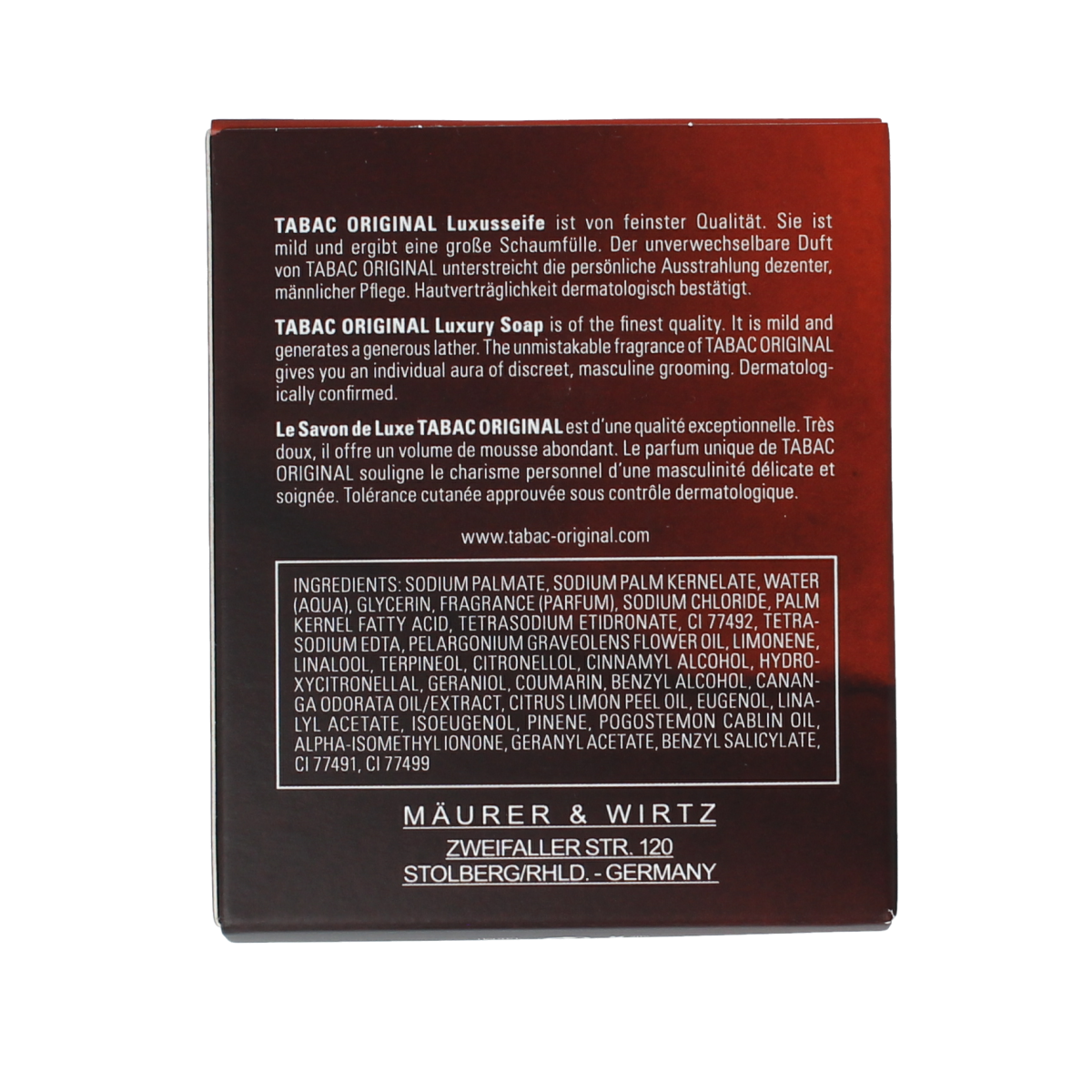 Tabac Original soap bar, 150g, with classic packaging, showcasing a rectangular soap with textured surface and vintage branding.