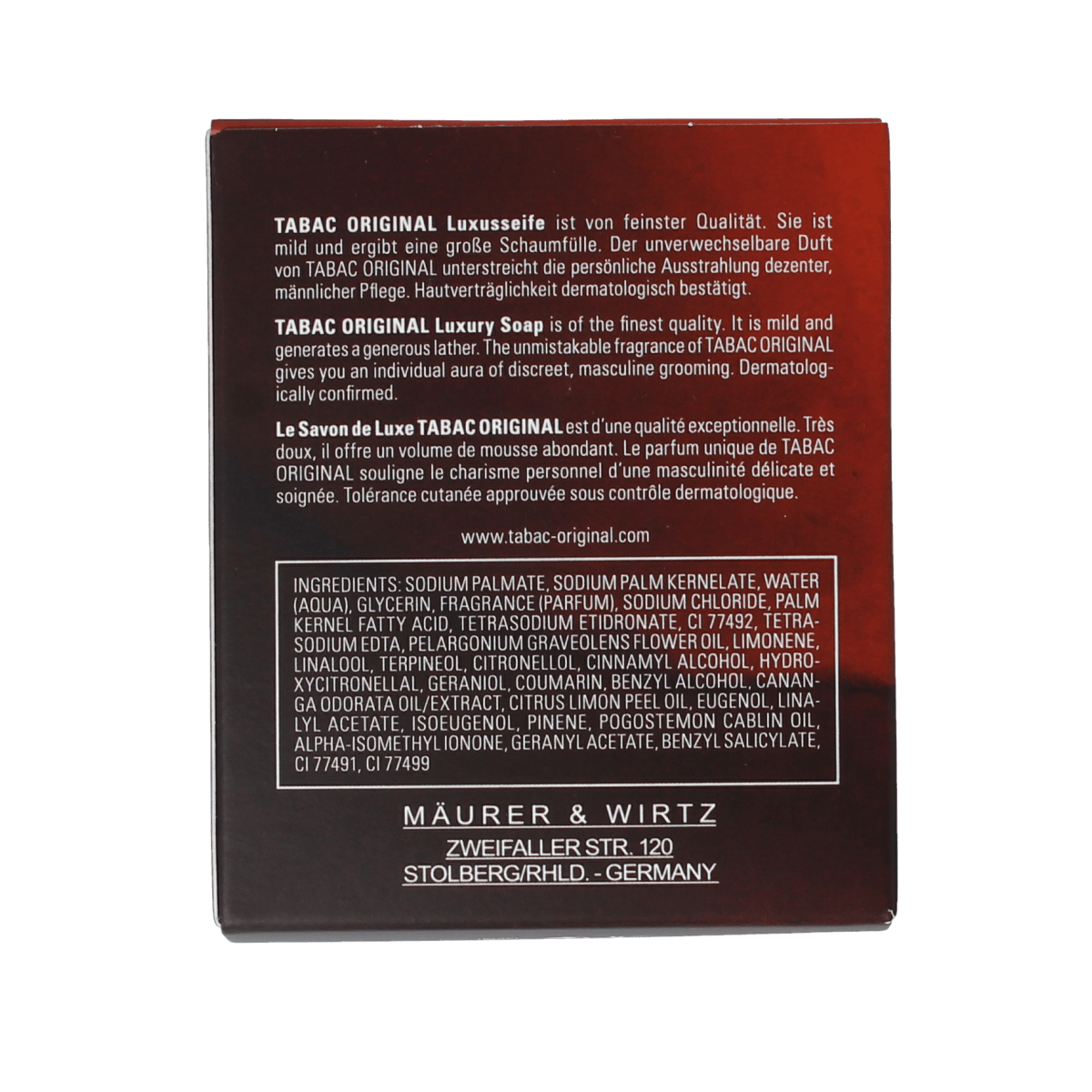 Tabac Original soap bar, 150 grams, featuring classic packaging and smooth soap surface, crafted by Tabac.