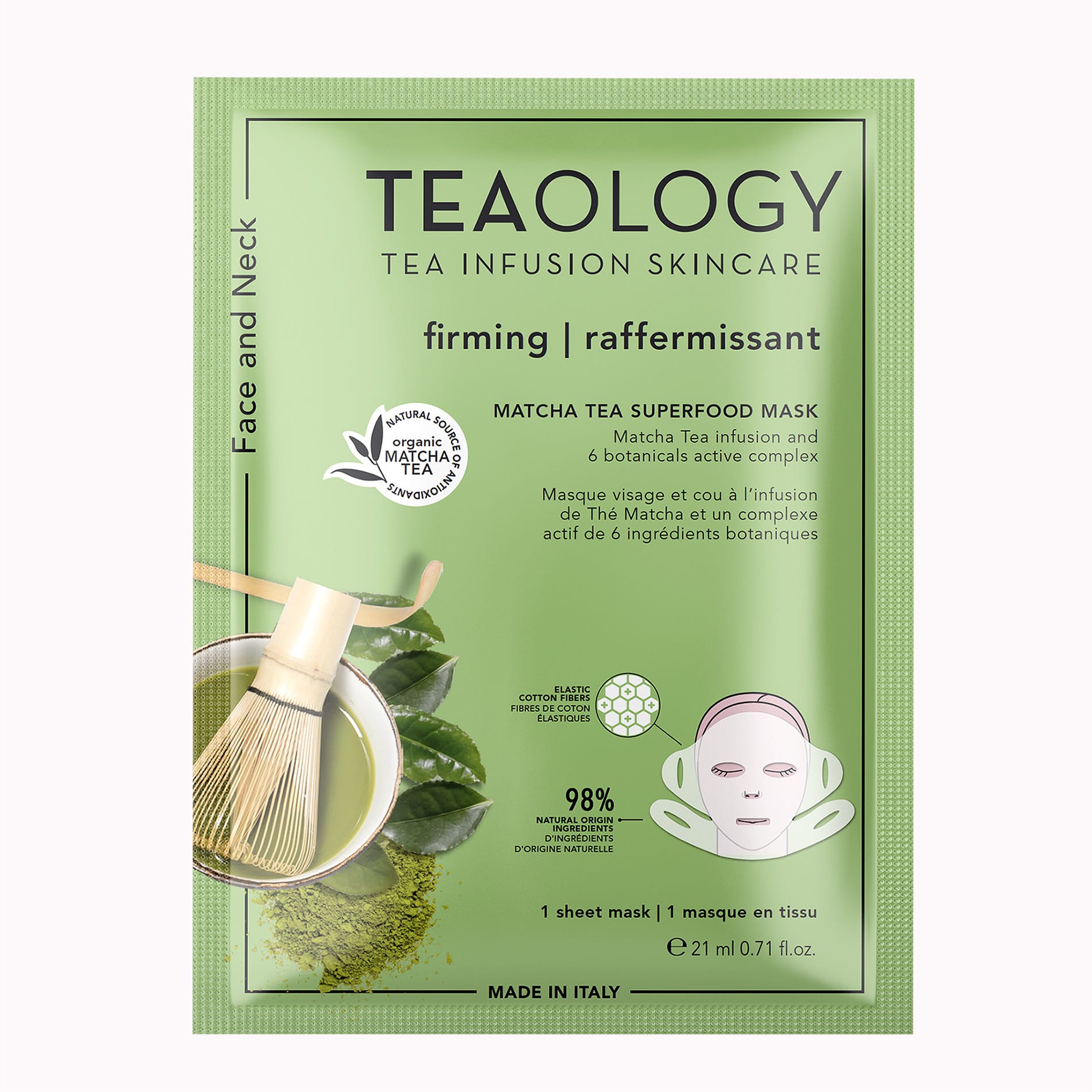 Teaology Matcha Tea Superfood Face Mask in packaging, natural skincare product for facial care and revitalization.