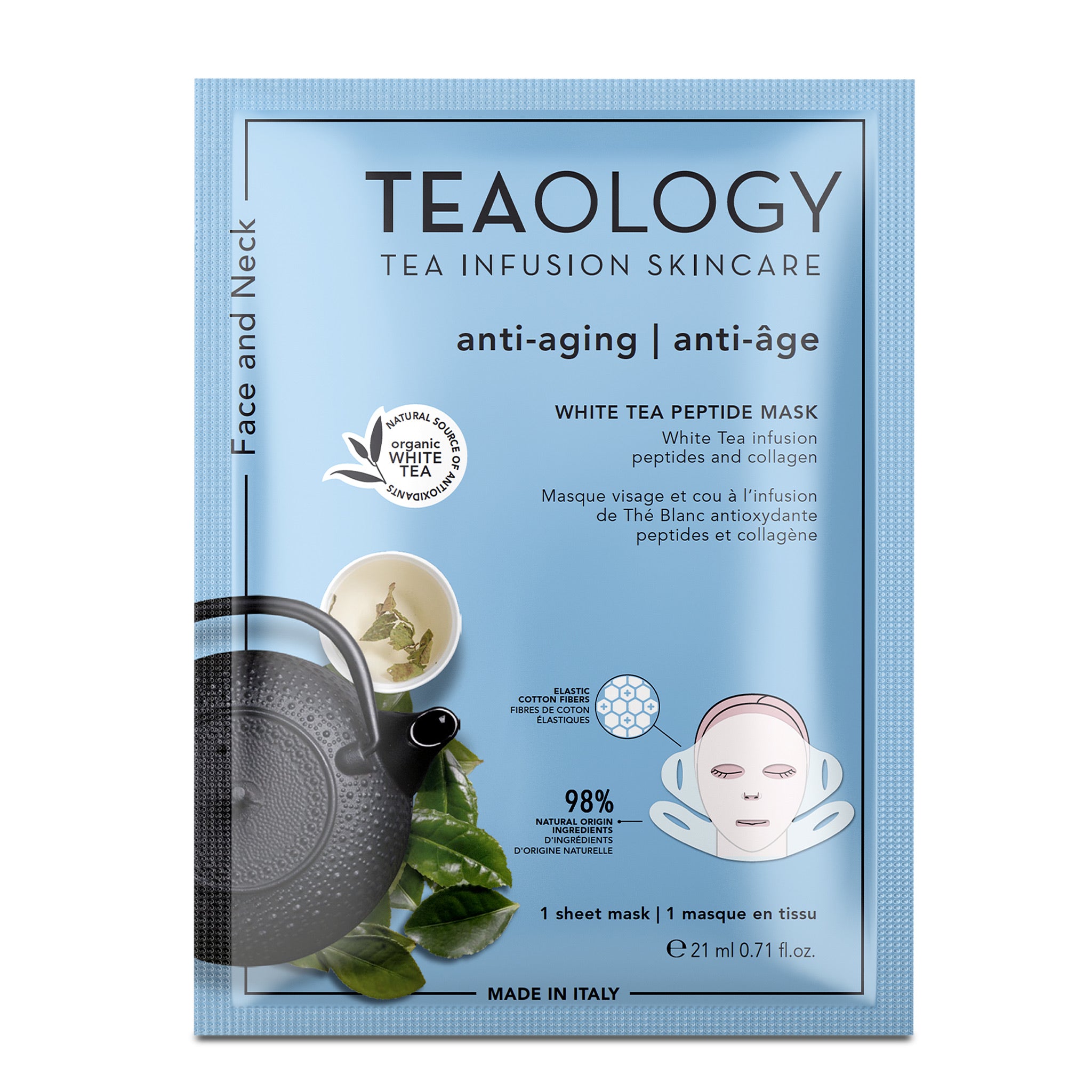 Teaology White Tea Peptide Mask for face, 1 pack, hydrating skincare treatment with natural ingredients, designed for facial care.
