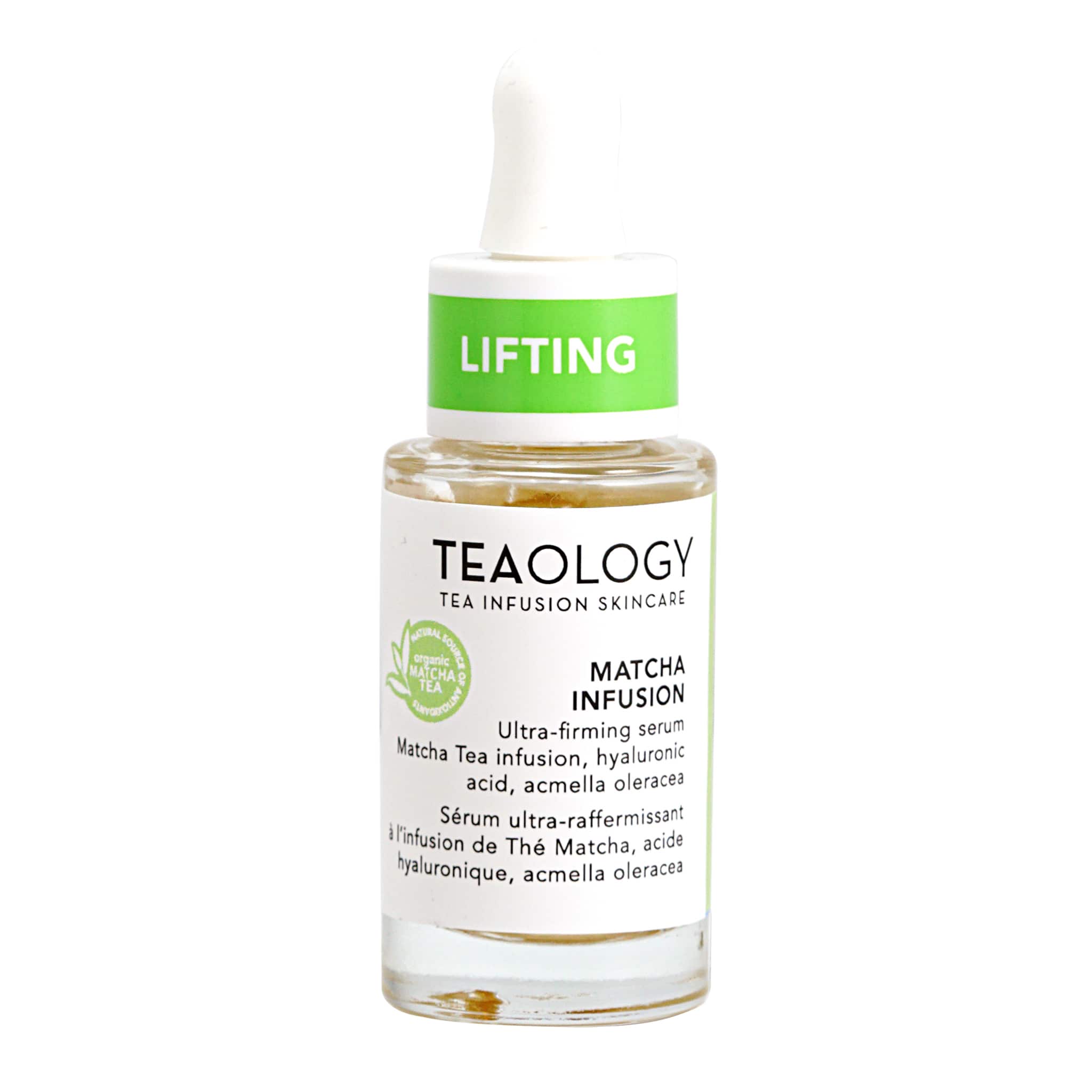 Teaology Matcha Infusion facial skincare product in a 15ml bottle, designed for natural, rejuvenating skin care.