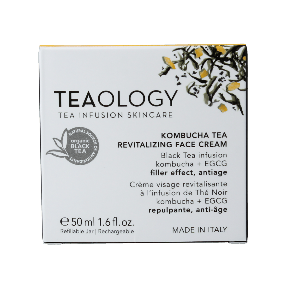 Teaology Kombucha tea revitalizing face cream in a 50ml jar, facial skincare product with natural ingredients, suitable for daily use.