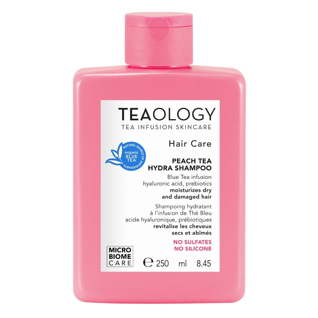 Teaology Peach Tea Shampoo Hydro in a 250ml bottle, moisturizing hair care product with peach tea extract for healthy, shiny hair.