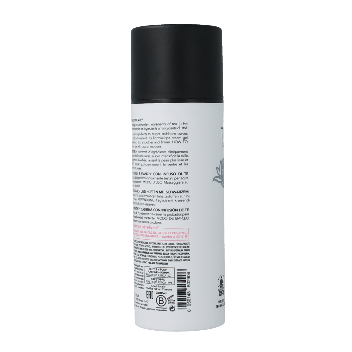 Teaology Black Tea Flat Belly Cream in 150ml jar, showcasing the skincare product with black tea extract for body care.