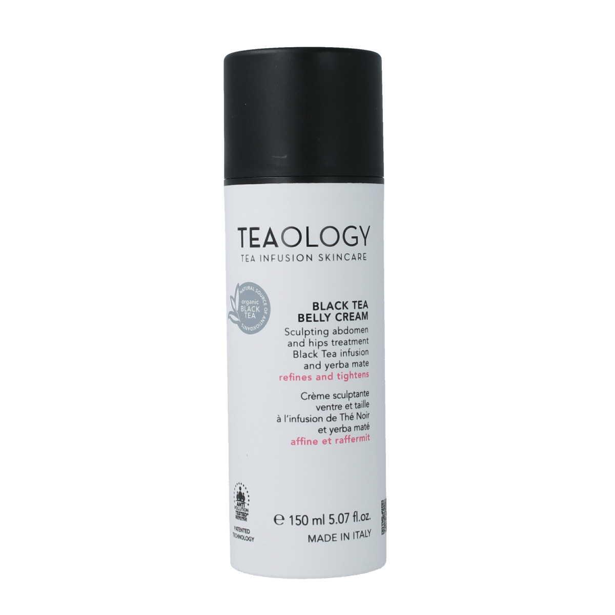 Teaology Black Tea Flat Belly Cream in a 150ml jar, featuring a sleek black packaging with a white lid, designed for body care.