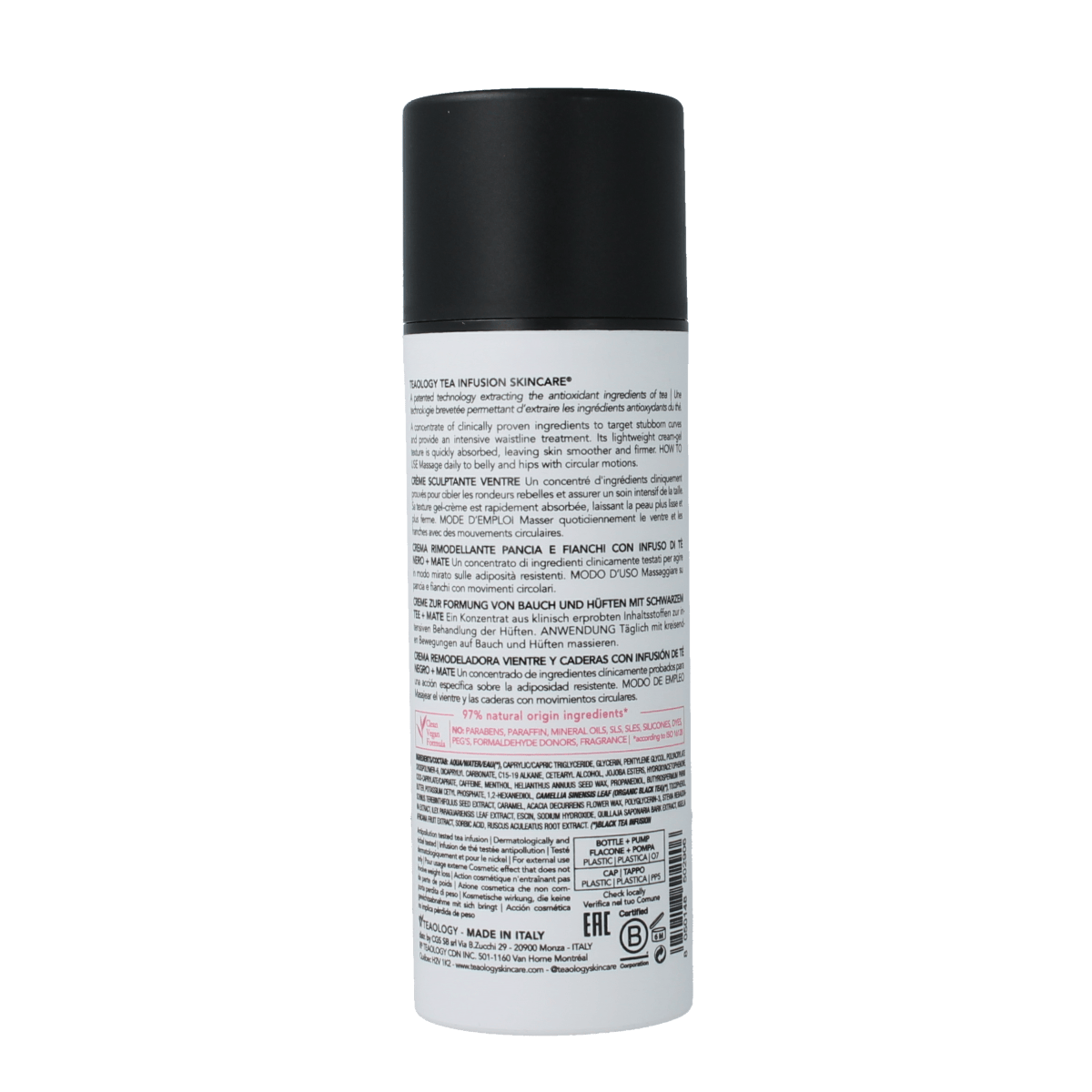 Teaology Black Tea Flat Belly Cream in 150ml jar, showcasing the luxurious body cream for firming and slimming.