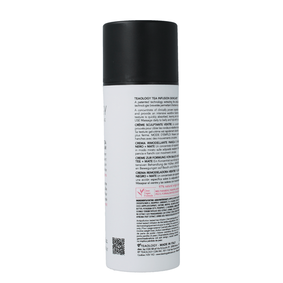 Teaology Black Tea Flat Belly Cream in 150ml jar, creamy body treatment for firming and smoothing skin.