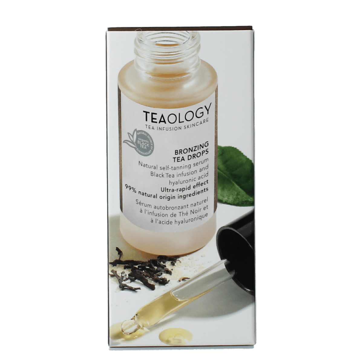 Teaology Bronzing Tea Drops Zonnen in 30ml bottle, natural self-tanning drops with tea extract for a sun-kissed glow.