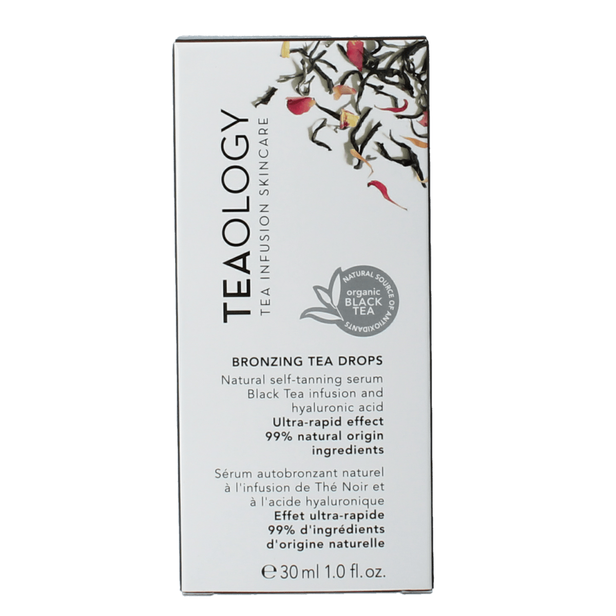 Teaology Bronzing Tea Drops in 30ml bottle, natural tanning supplement with golden liquid inside clear bottle, healthy glow product.
