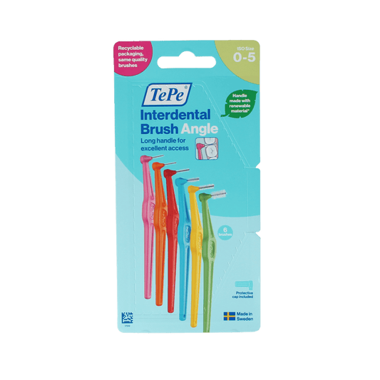 TePe Interdentale Ragers, angle maat 0-5, 6 stuks, for interdental cleaning and oral hygiene, shown in a close-up image.