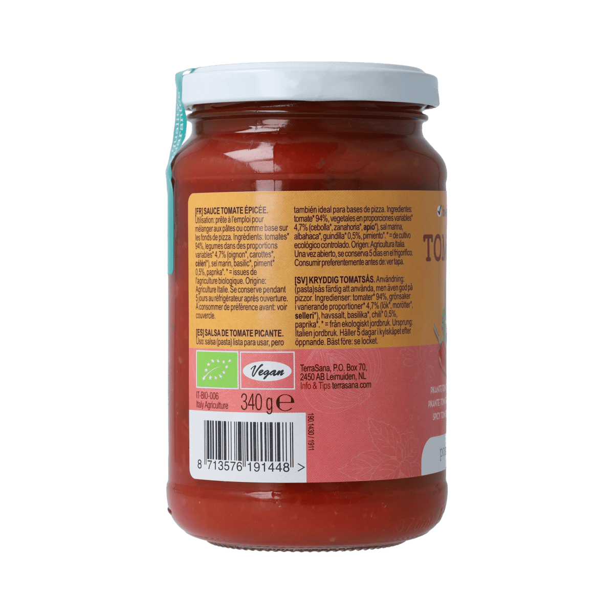TerraSana spicy organic tomato sauce in a 340g jar, showcasing the label and vibrant red color of the sauce.