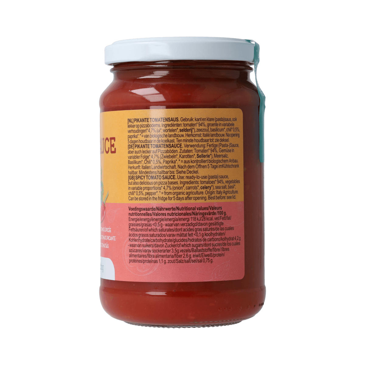 TerraSana spicy organic tomato sauce in 340g jar, natural and fresh, ideal for cooking and enhancing pasta dishes.