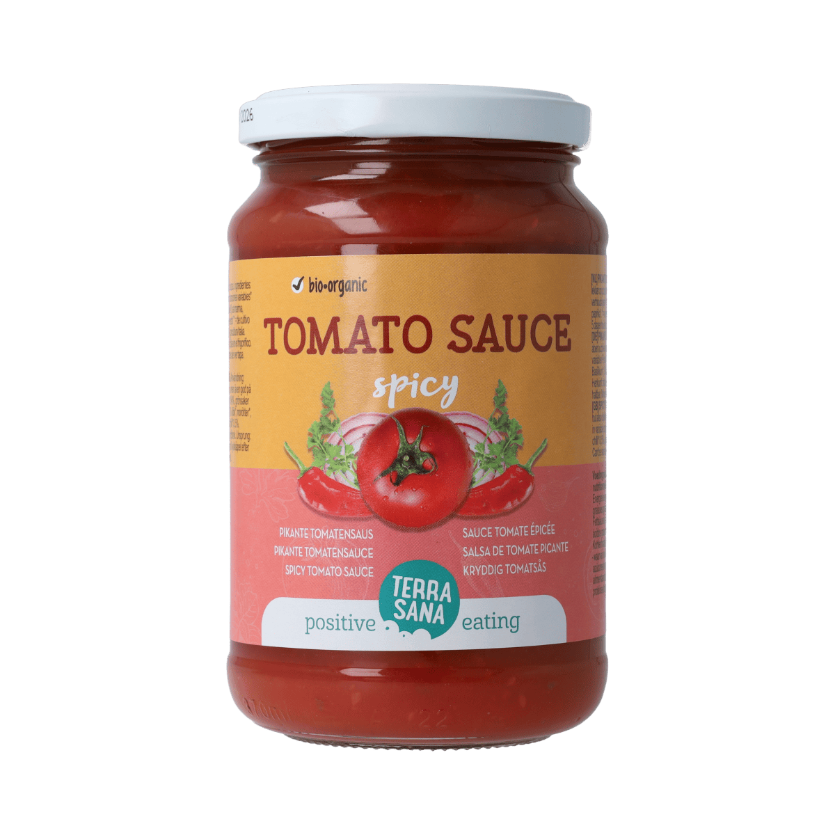 TerraSana spicy organic tomato sauce in 340g jar, rich and flavorful for pasta and cooking.