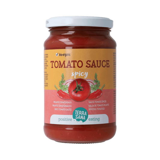 TerraSana spicy organic tomato sauce in 340g jar, rich and flavorful for pasta and cooking.