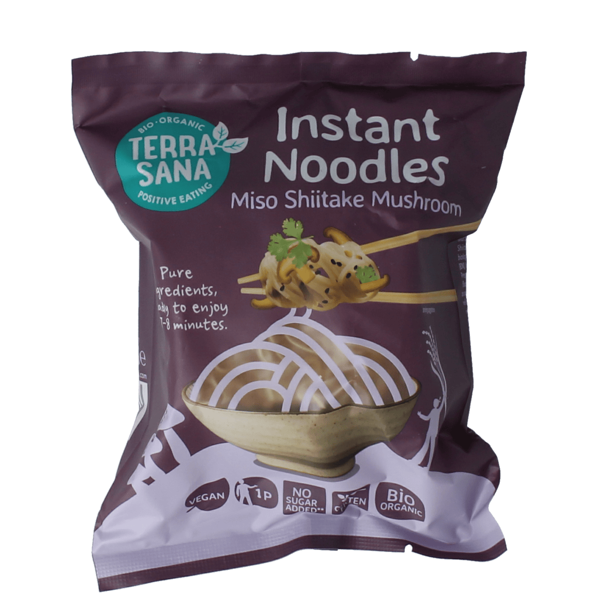 TerraSana Inst noodles with shiitake mushroom in rice pasta, organic, 90 grams, showing the packaged product and noodles inside.