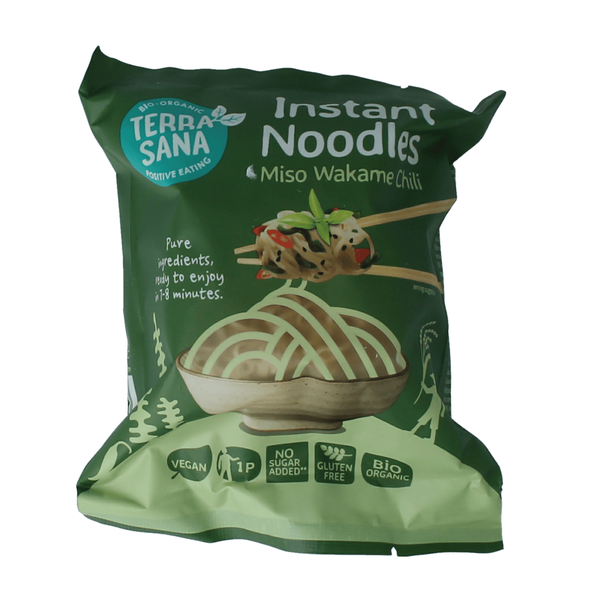 TerraSana Inst noodles with wakame and chili, organic pasta and rice product, 90 grams, in a package with a vibrant label.