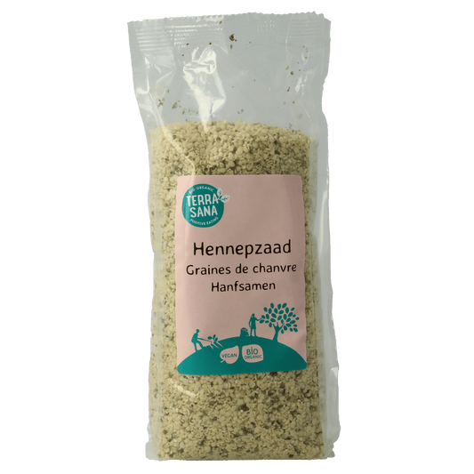 Terrasana RAW Hennepzaad gepeld bio, 500g, raw hemp seeds in a clear bag, natural superfood product from TerraSana.
