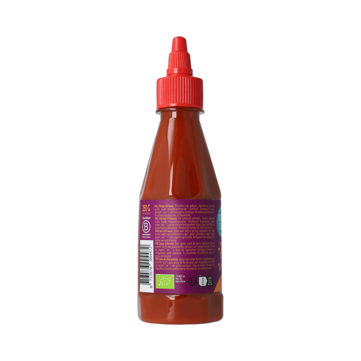 TerraSana Sriracha sauce 250g bottle, spicy chili sauce in clear glass bottle with red cap, labeled TerraSana Sriracha.