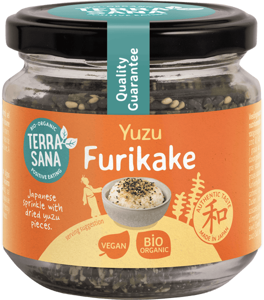 TerraSana Furikake Yuzu bio in 75g jar, a flavorful Japanese seasoning and condiment for rice and dishes.