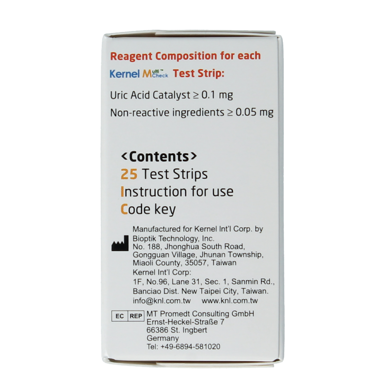 Testjezelf Multicheck urinezuur teststrips, pack of 25, showing color-coded testing pads for uric acid level analysis.
