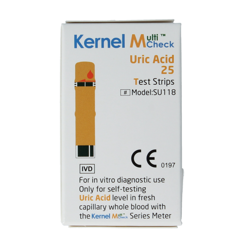 Testjezelf Multicheck urinezuur teststrips, 25-pack, for detecting uric acid levels, shown with packaging and test strips.