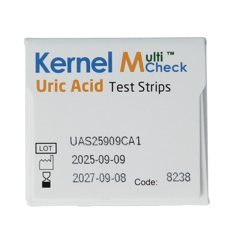 Testjezelf Multicheck urinezuur test strips, 25-pack, showing the strips with color indicators for urine uric acid testing.
