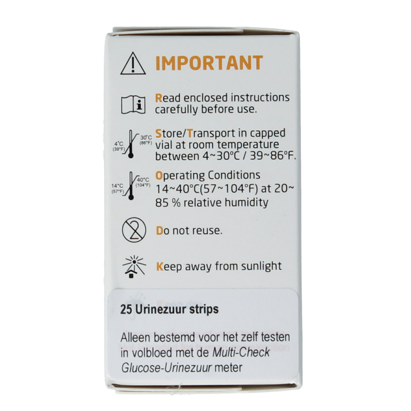 Testjezelf Multicheck urinezuur teststrips, 25-pack, showing close-up of colorful strips used for urine analysis and uric acid testing.