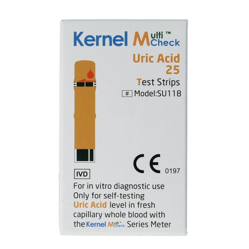 Testjezelf Multicheck urinezuur teststrips, 25-piece box, diagnostic test strips for urine analysis, with color comparison chart.