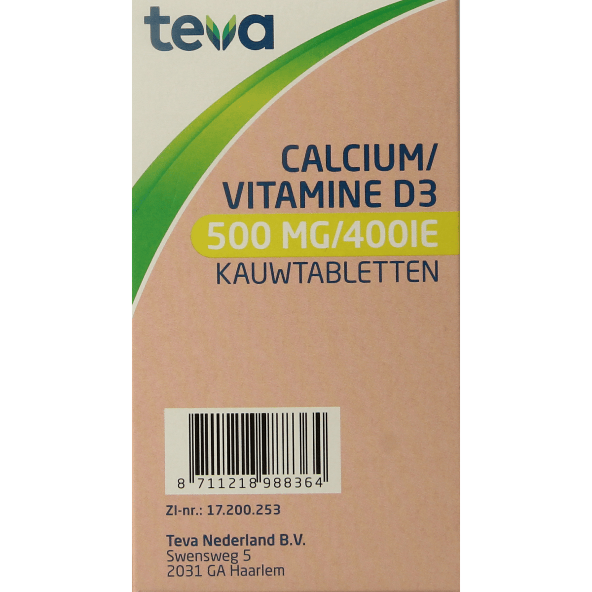Teva Calcium and Vitamin D chewable tablets in a bottle, showing 90 mineral supplement tablets for bone health.