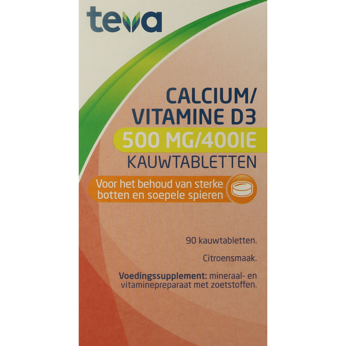 Teva Calcium and Vitamin D chewable tablets, mineral supplement, 90 count, with calcium 500mg and vitamin D 400IU.
